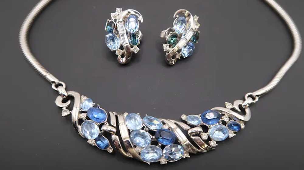 Crown Trifari Light and Dark Blue Rhinestone Rhod… - image 3