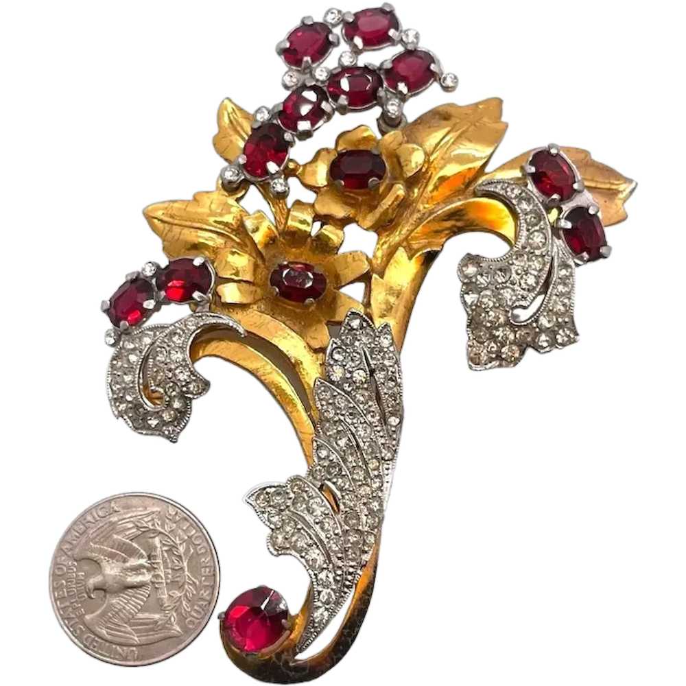 Stunning Huge Flower Bouquet Figural Brooch, Red … - image 1