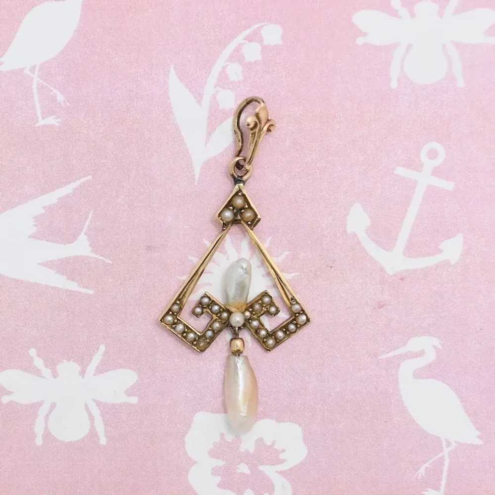 Antique Edwardian 10k Gold Greek Key Gold Pearl L… - image 2