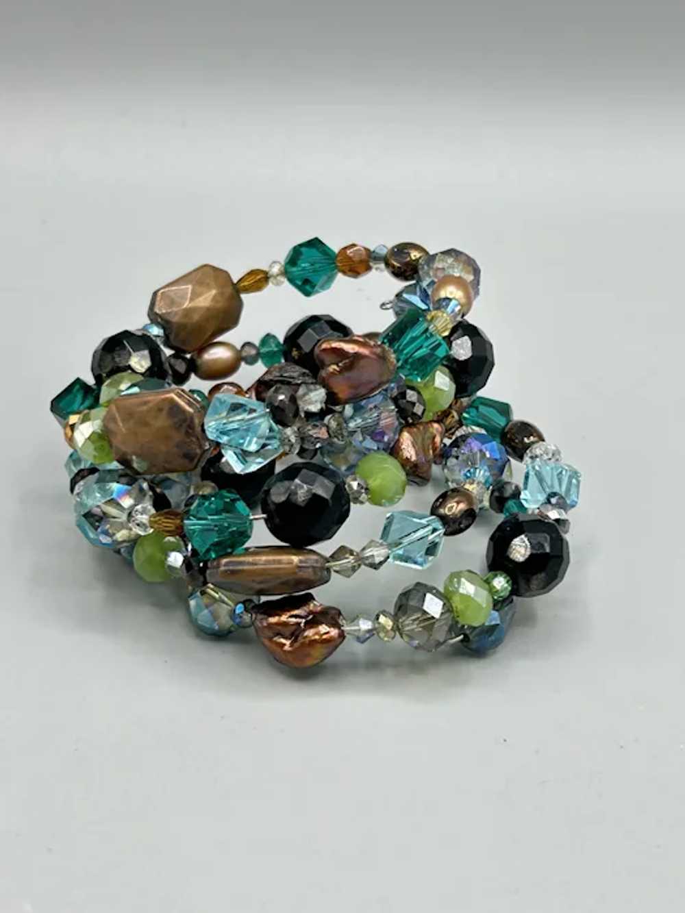 Beaded Memory Wire Bracelet Blue Green Crystals B… - image 2