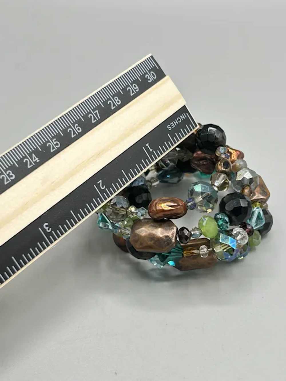 Beaded Memory Wire Bracelet Blue Green Crystals B… - image 5