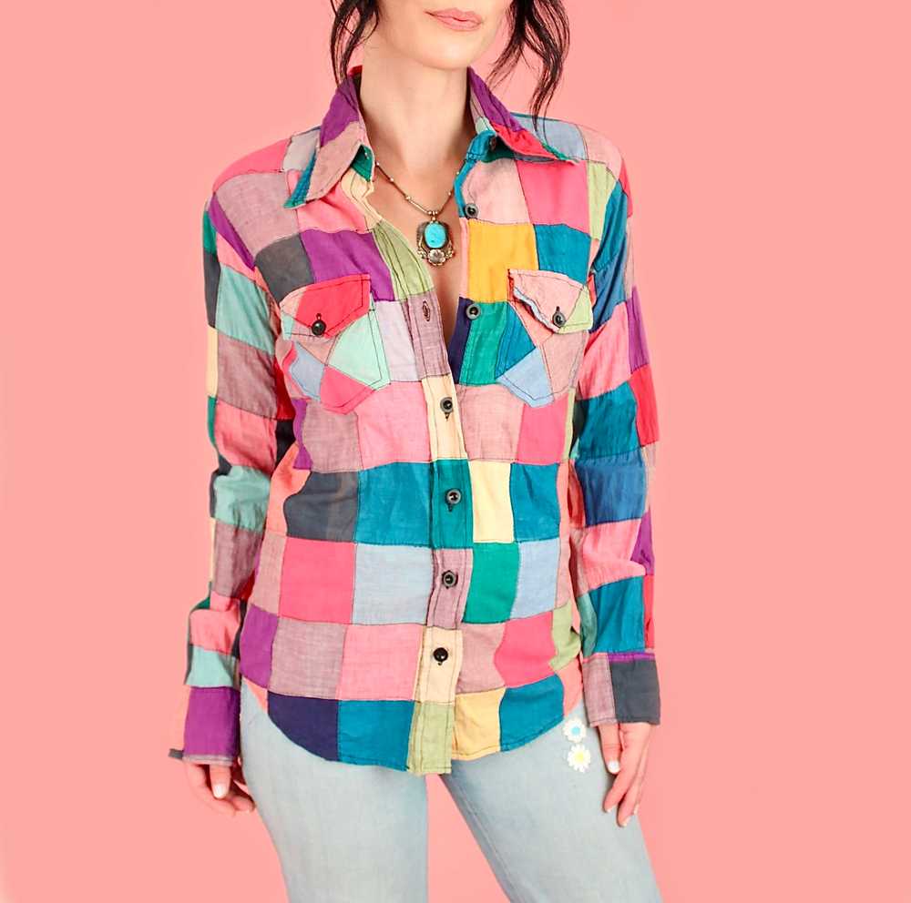 Purple 1970's Madras Patchwork Rainbow Top - image 1