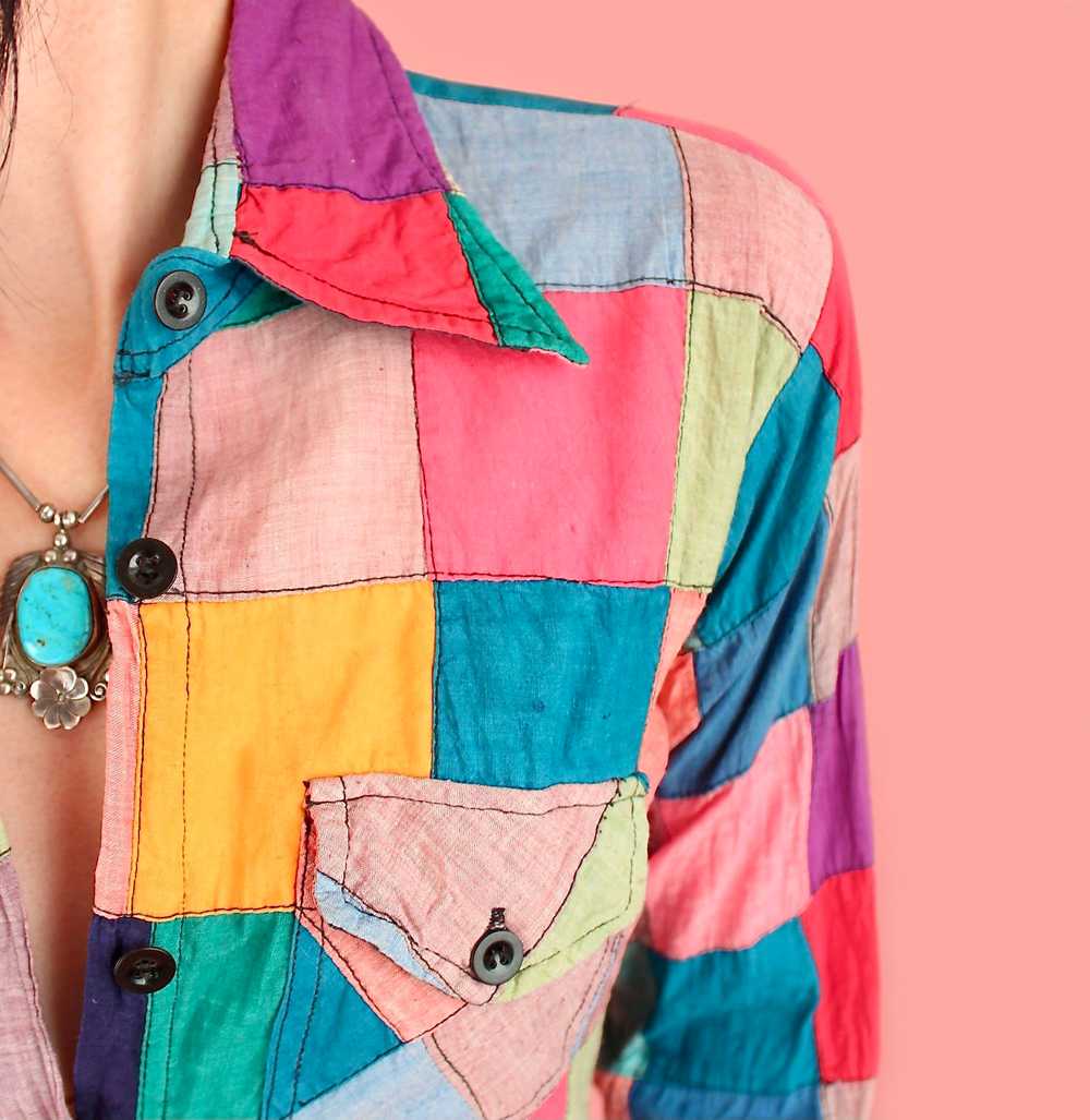 Purple 1970's Madras Patchwork Rainbow Top - image 4