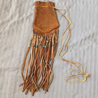 Suede Leather Fringe and Beaded Drawstring Pouch - image 1