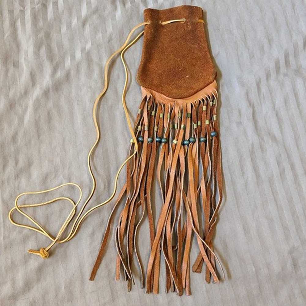 Suede Leather Fringe and Beaded Drawstring Pouch - image 2