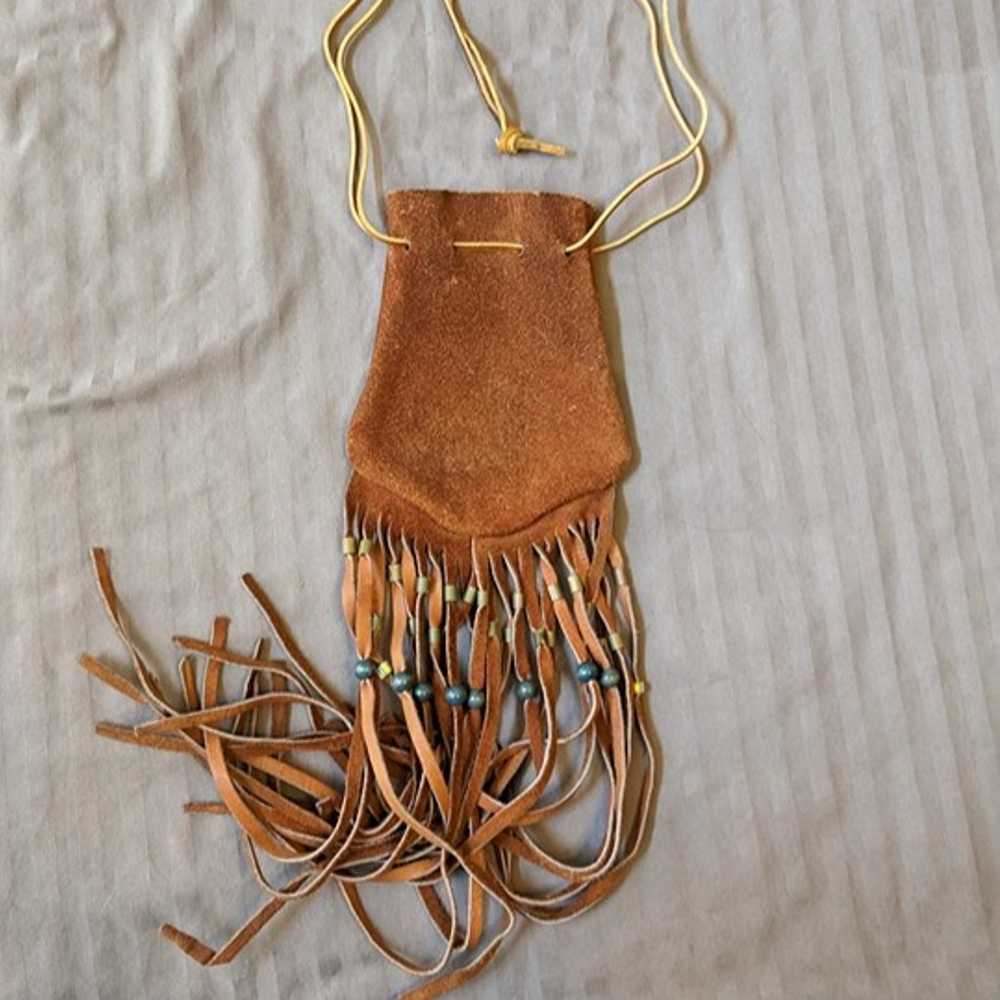 Suede Leather Fringe and Beaded Drawstring Pouch - image 3