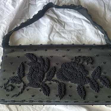 Small antique black satin beaded handbag - image 1