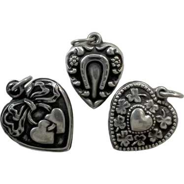 Antique Collection of 3 Silver Puffy Hearts