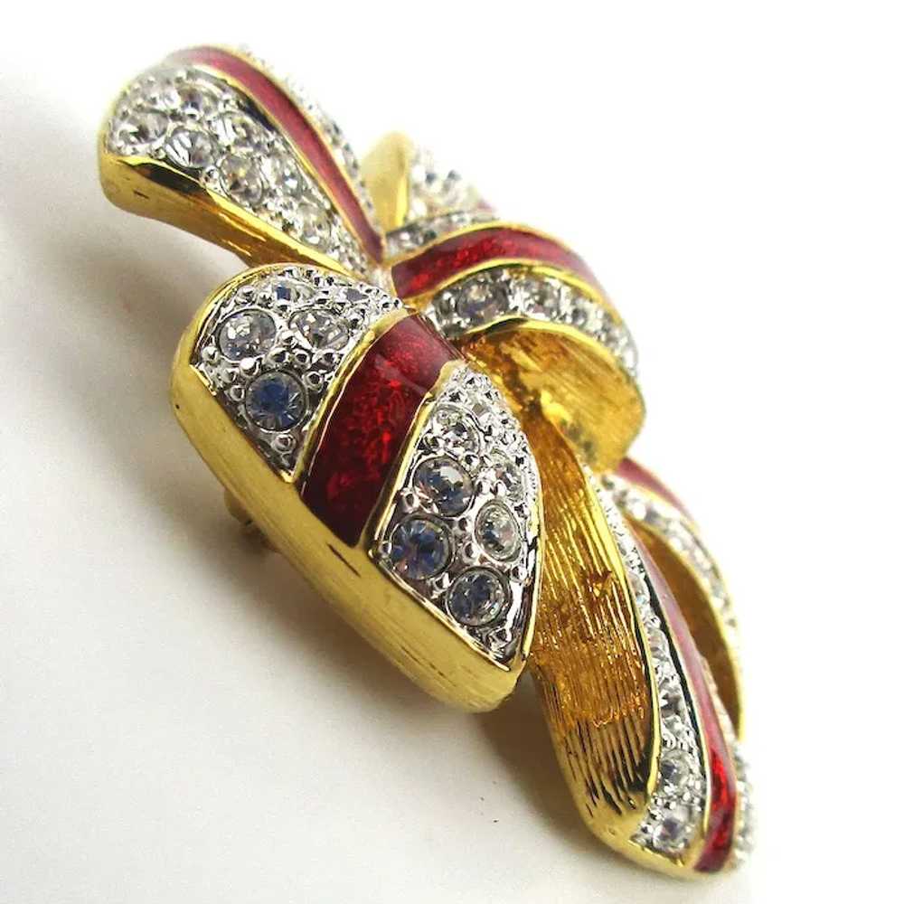 Vintage Joan Rivers Clear Crystal Red Enamel BOW … - image 2