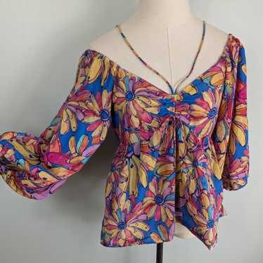 Farm Rio Anthropologie Top Puff Sleeve Blouse Flo… - image 1