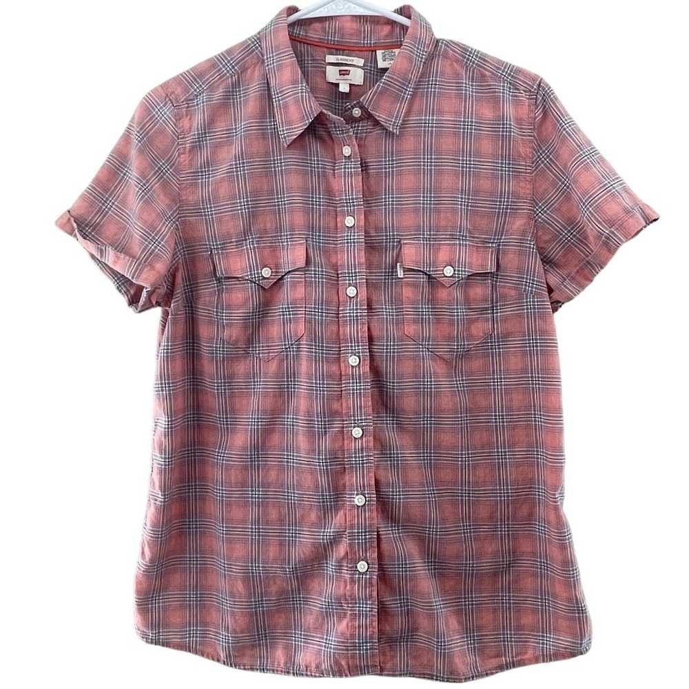 Levis Classic Fit Plaid Button Up Pink Short Slee… - image 1