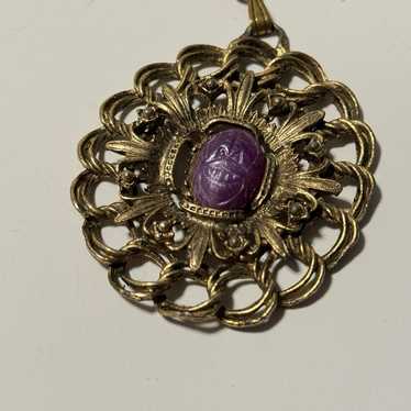 Vintage Carved Scarab Prple and Brass Toned Neckl… - image 1