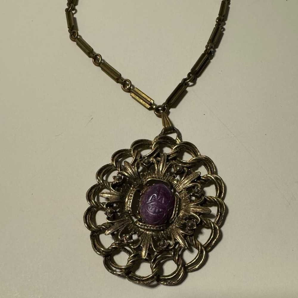 Vintage Carved Scarab Prple and Brass Toned Neckl… - image 2