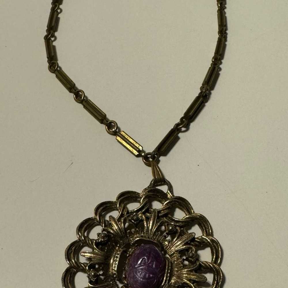 Vintage Carved Scarab Prple and Brass Toned Neckl… - image 3