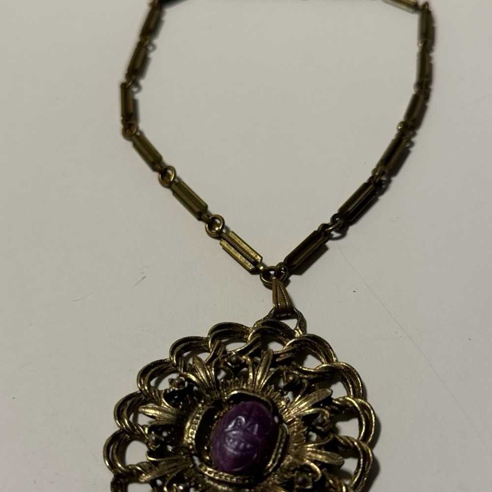 Vintage Carved Scarab Prple and Brass Toned Neckl… - image 4