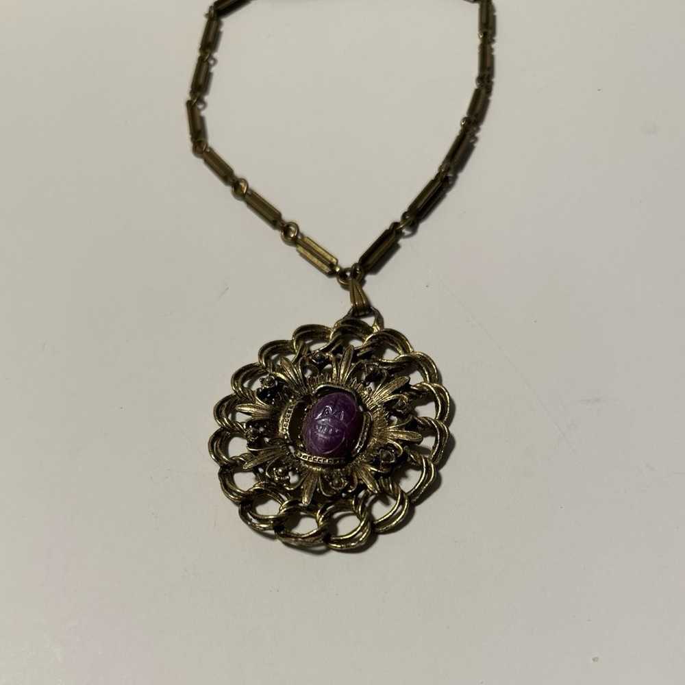 Vintage Carved Scarab Prple and Brass Toned Neckl… - image 5