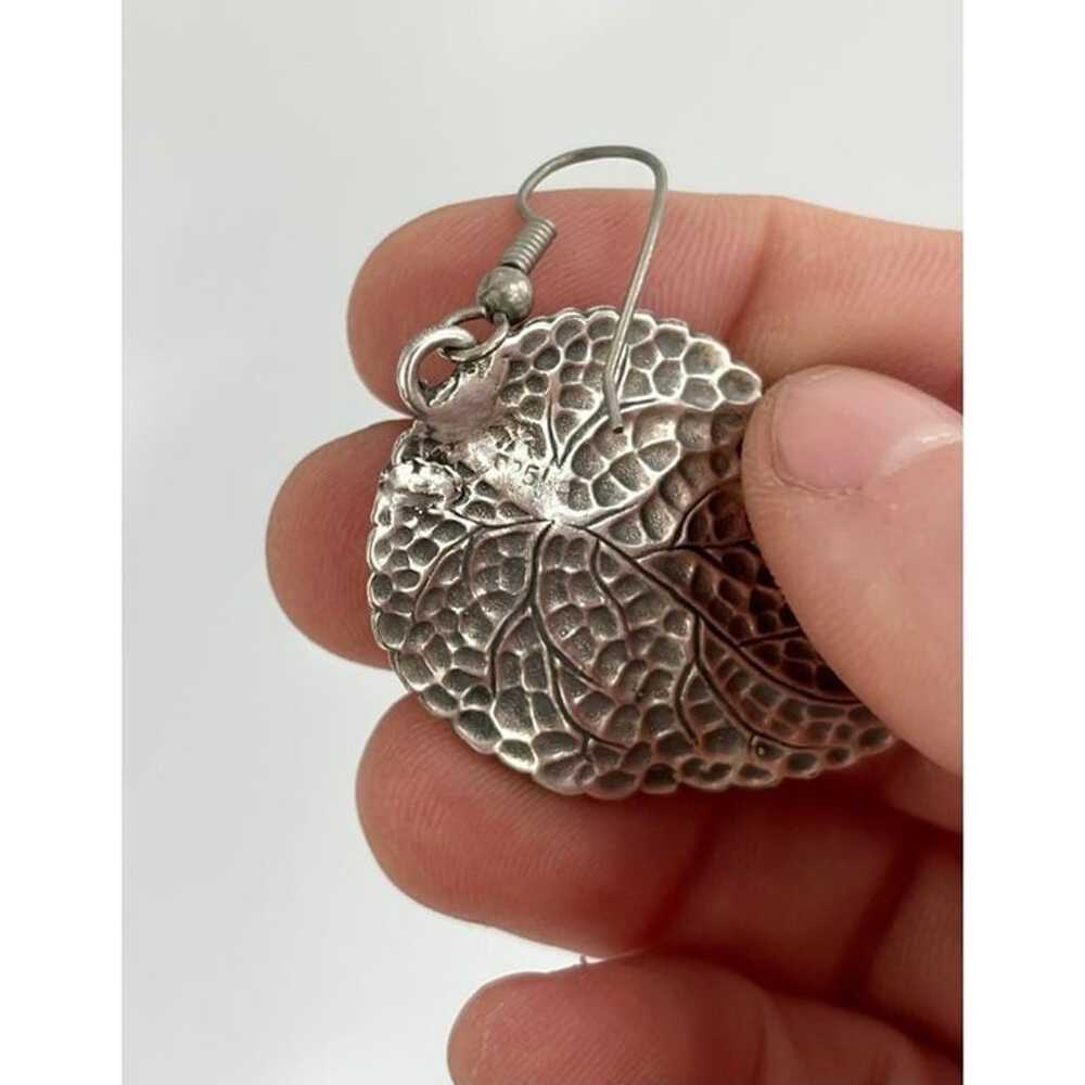 Silver Tone Vintage Leaf Shape Textured Dangle Ea… - image 7