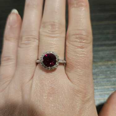 Silver Ring with Garnet Center Stone and Crystal … - image 1