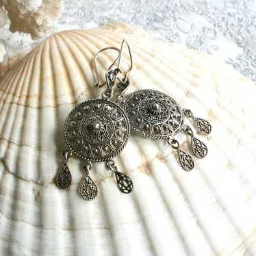 Boho filigree dangle earrings sterling silver 925… - image 1