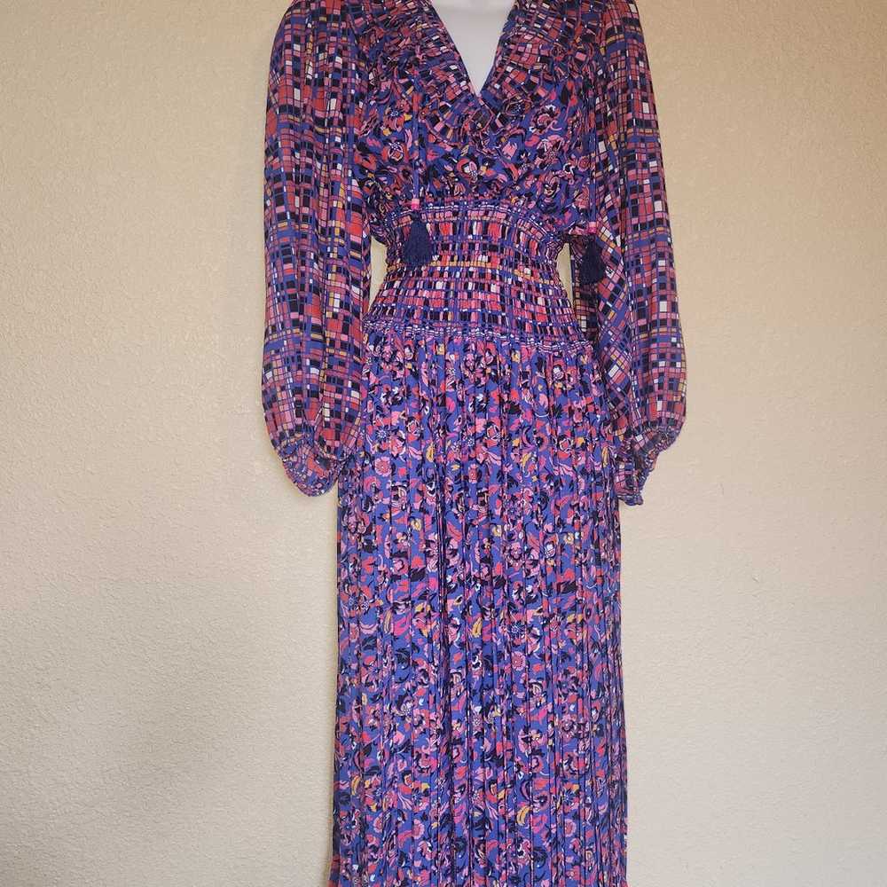 DIANE FREIS Georgette Midi Dress Sz M Pleated Ruf… - image 1