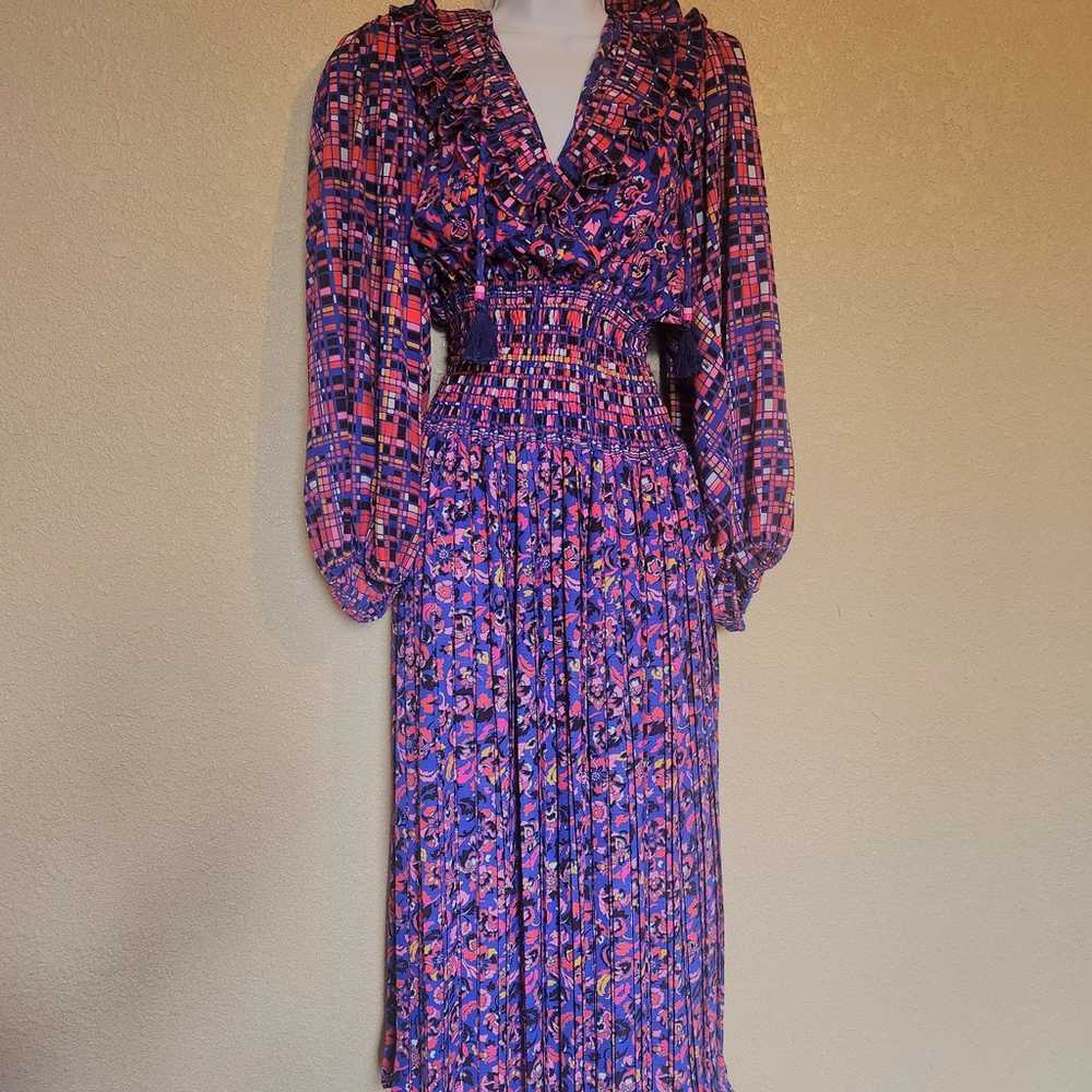 DIANE FREIS Georgette Midi Dress Sz M Pleated Ruf… - image 2