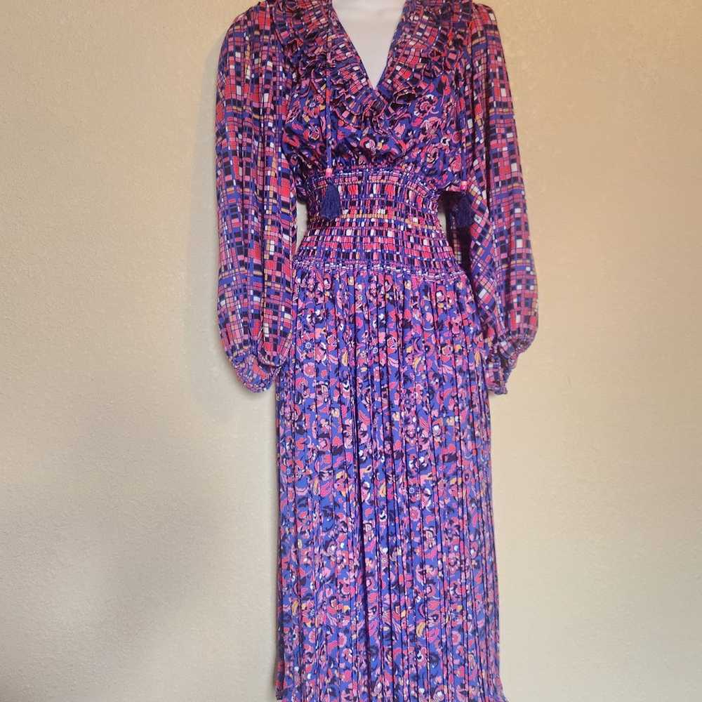 DIANE FREIS Georgette Midi Dress Sz M Pleated Ruf… - image 4