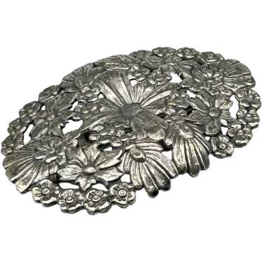 Vintage Floral Pin Brooch Oval Metal Flowers Silve