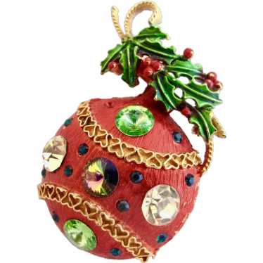 Vintage Weiss Red Enamel Rhinestone Ornament Broo… - image 1