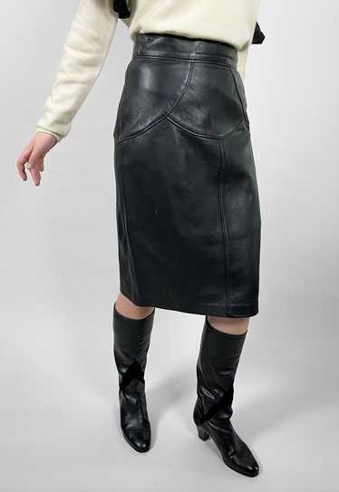 80's Vintage Black Soft Leather Prencil Midi Skir… - image 1