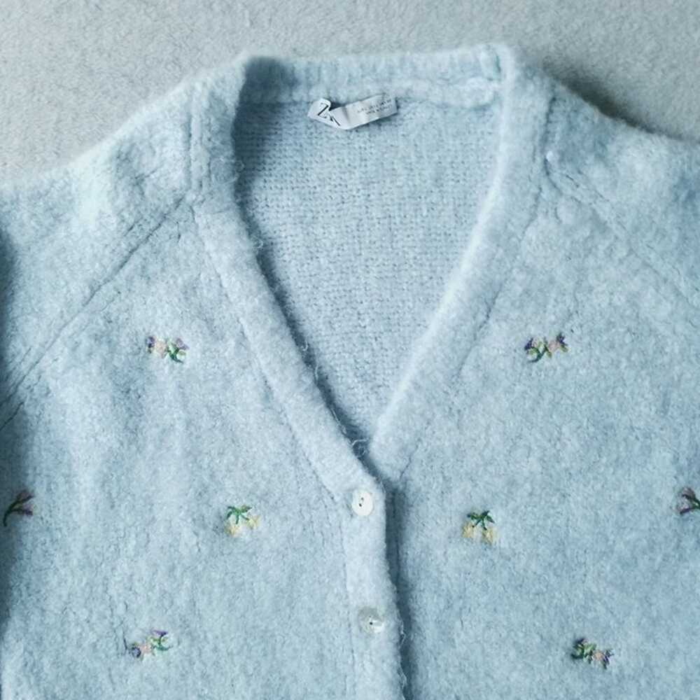 Zara Womens Floral Embroidered Knit Blue Button C… - image 2