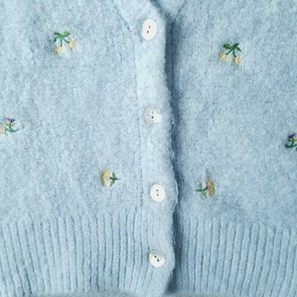 Zara Womens Floral Embroidered Knit Blue Button C… - image 4