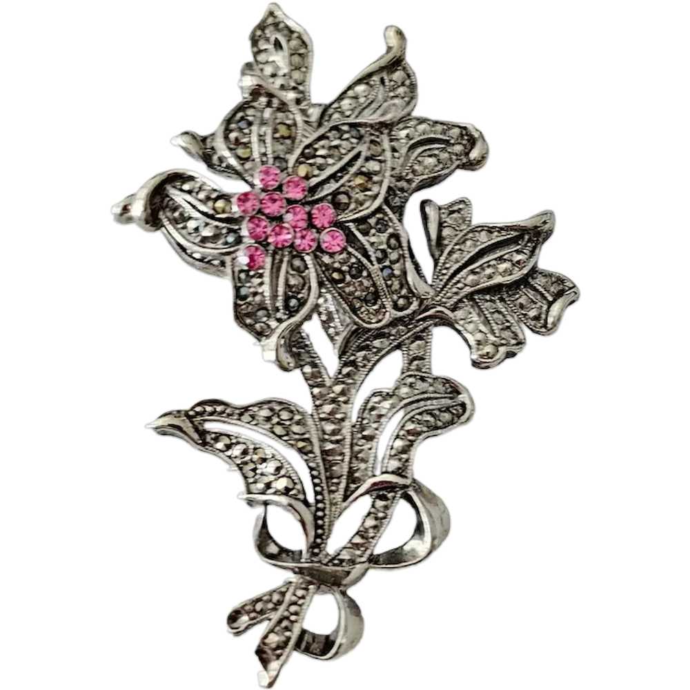 1928 Brand Silver Tone Pink Rhinestone, Marcasite… - image 1