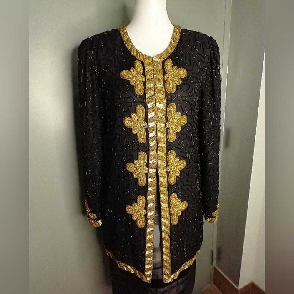 Vintage KAZAR BEADED sequin gold black silk long … - image 11