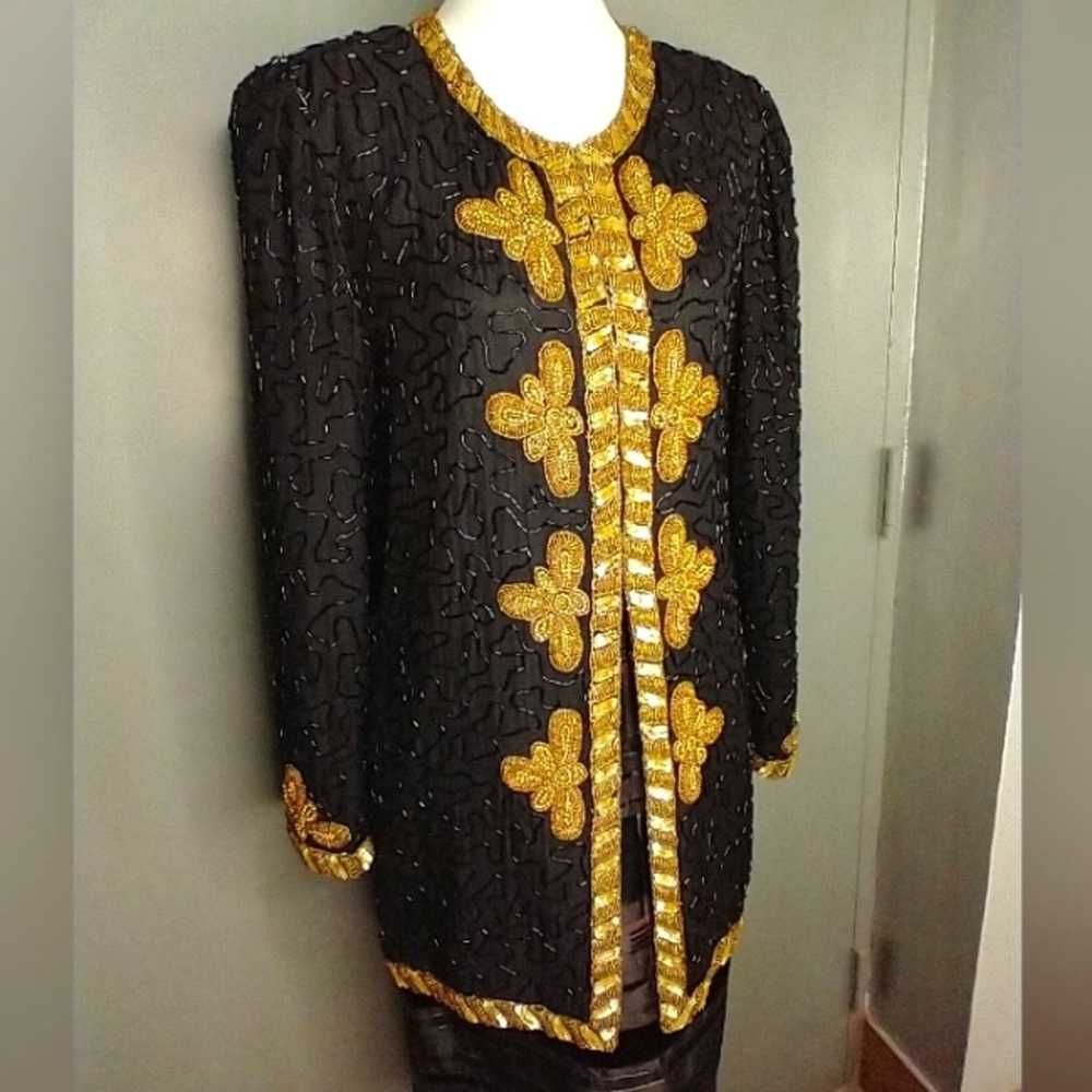 Vintage KAZAR BEADED sequin gold black silk long … - image 1