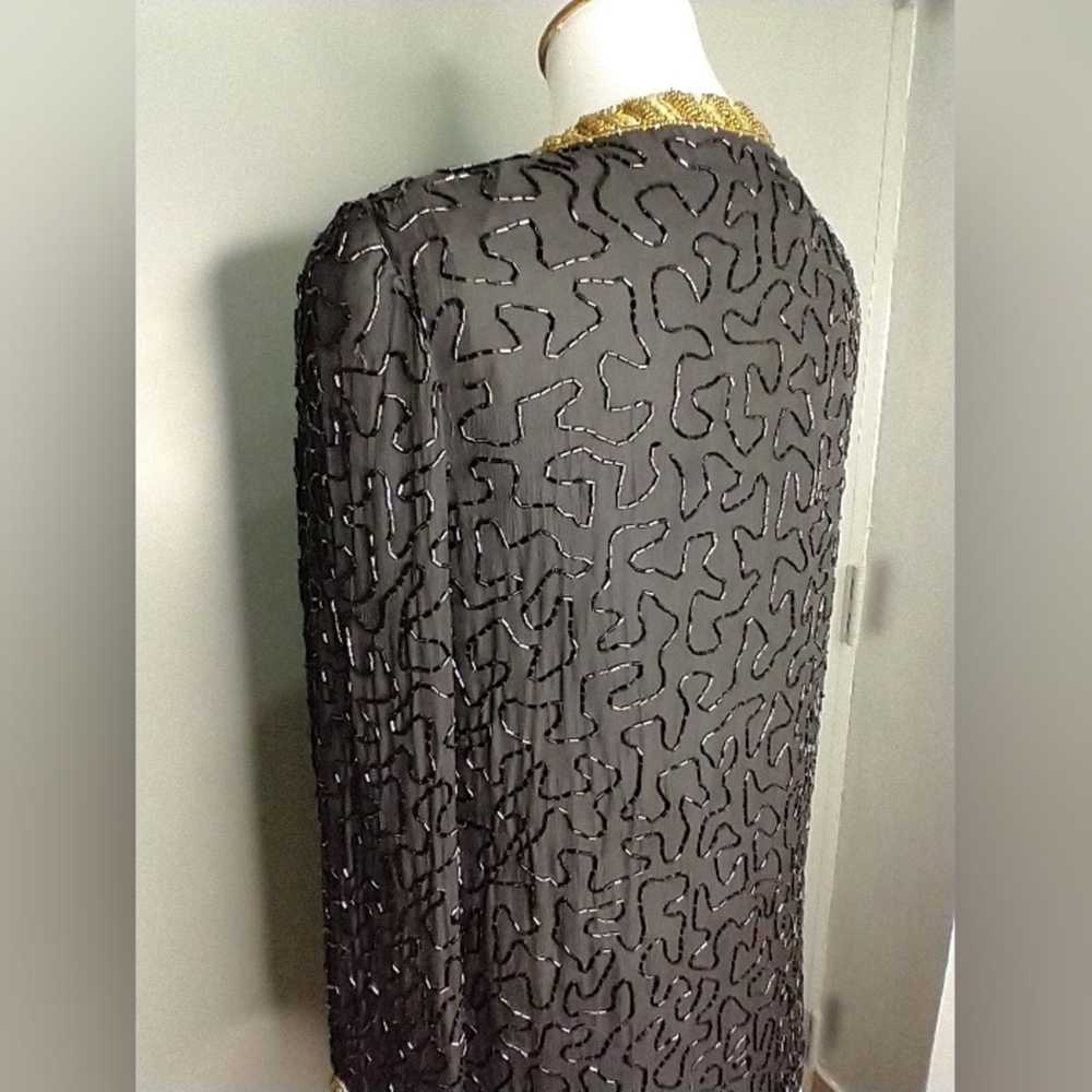 Vintage KAZAR BEADED sequin gold black silk long … - image 3