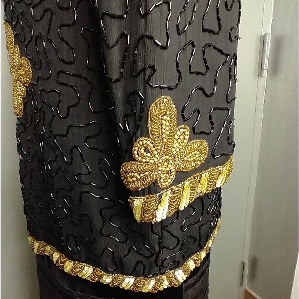 Vintage KAZAR BEADED sequin gold black silk long … - image 7