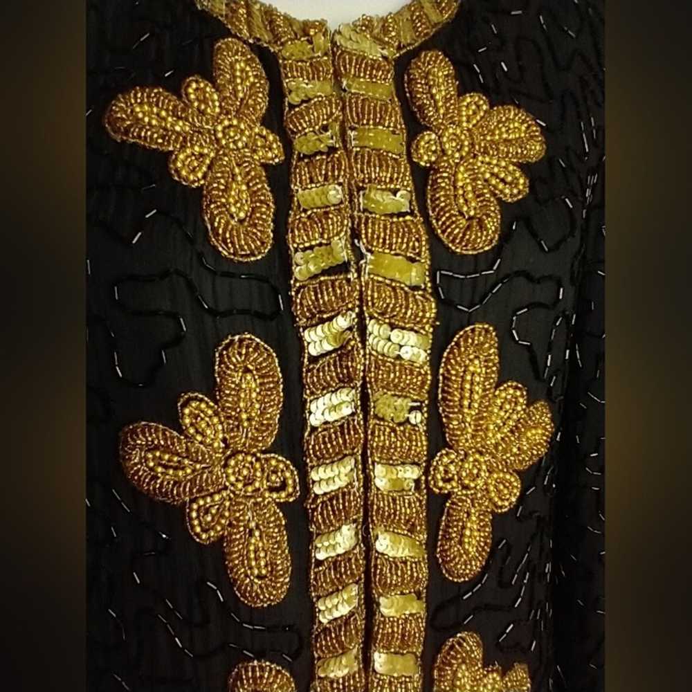 Vintage KAZAR BEADED sequin gold black silk long … - image 9