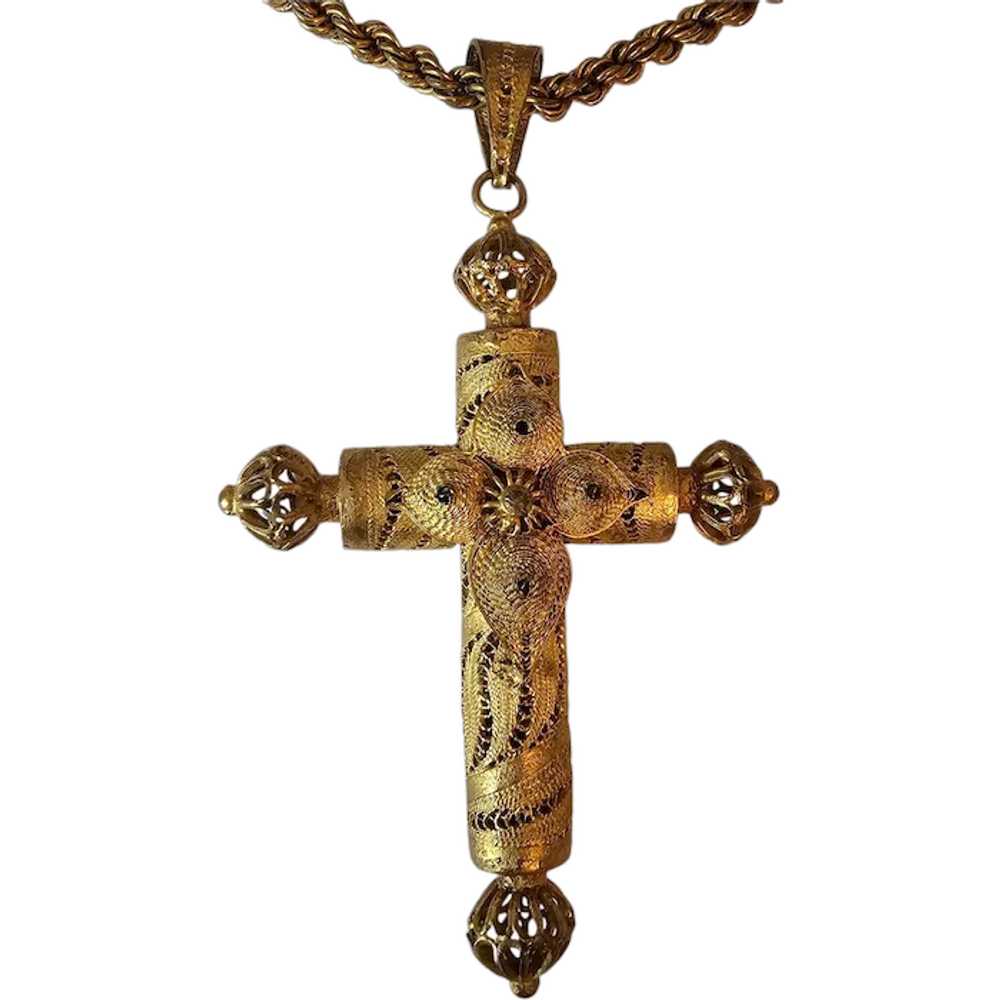 1970s Oaxaca Filigree Cross Pendant with Chain - image 1