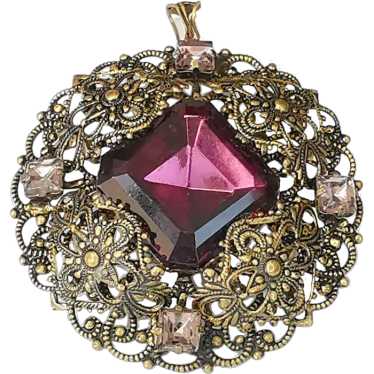 West Germany Filigree Pendant with PurpleCrystals - image 1