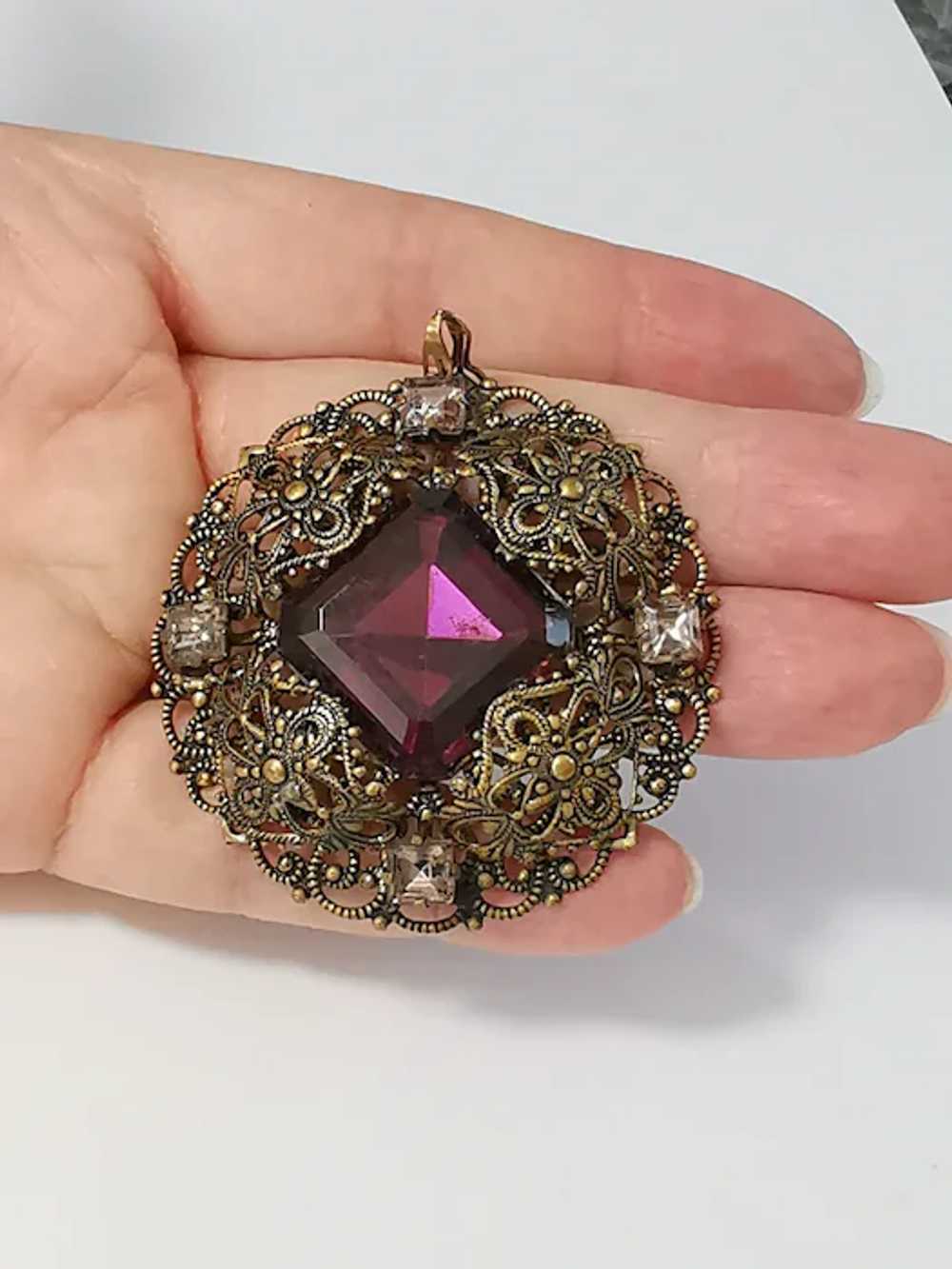 West Germany Filigree Pendant with PurpleCrystals - image 4