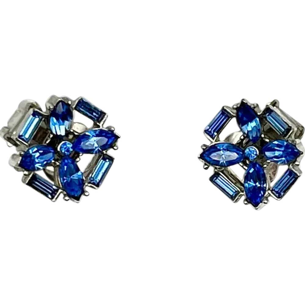 Blue Rhinestone Stylized Flower Design Silvertone… - image 1