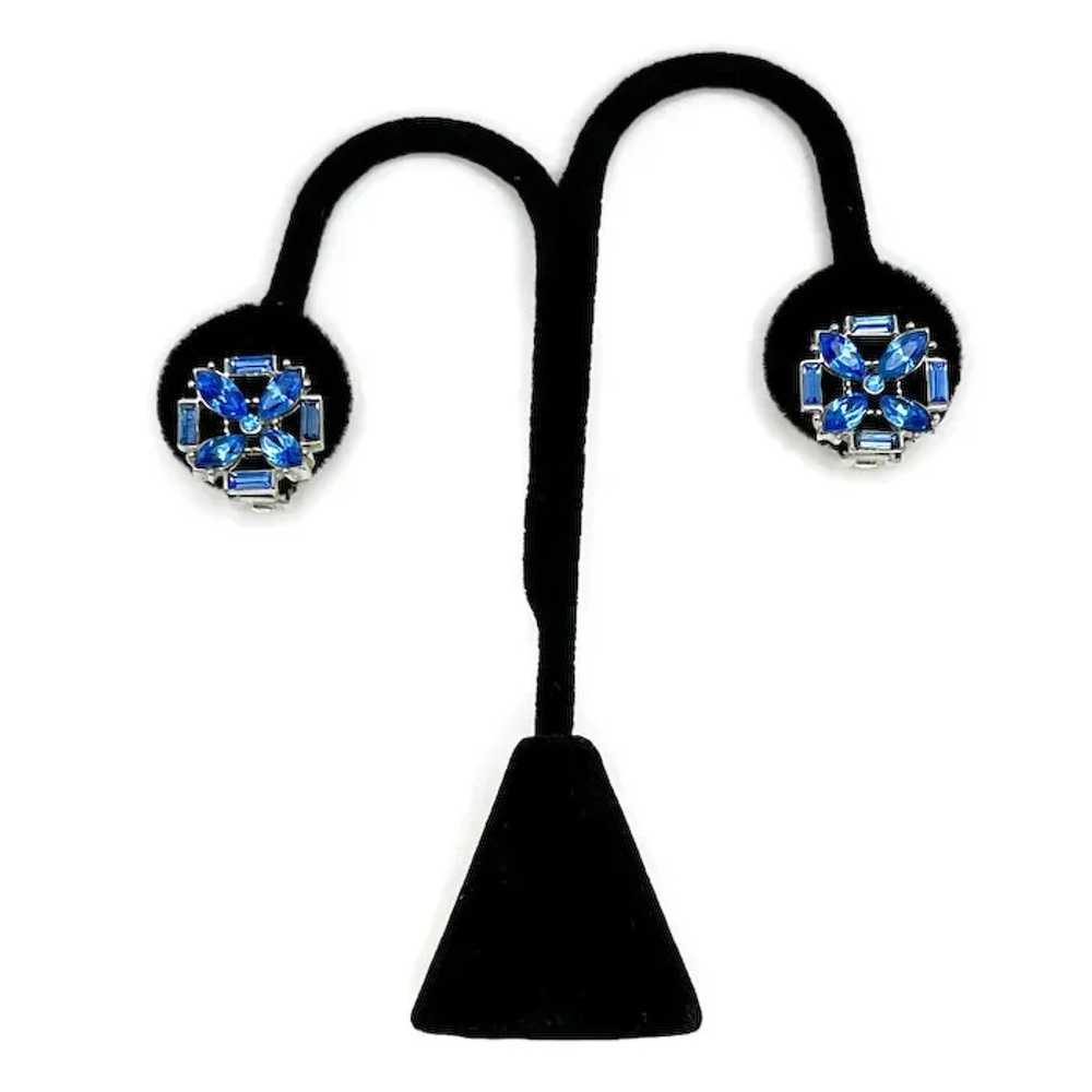 Blue Rhinestone Stylized Flower Design Silvertone… - image 2