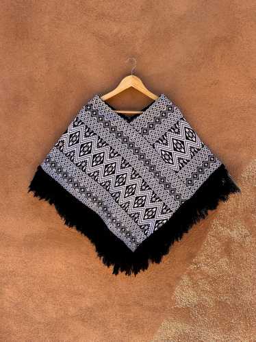 1970's Aztec Pattern Black/White Poncho with Fring