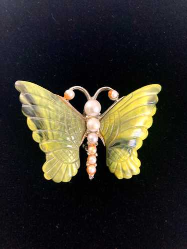 Green and Pearl Butterfly Brooch