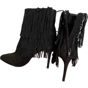 Fringed Black Suede Booties Heels Stiletto Seude … - image 1