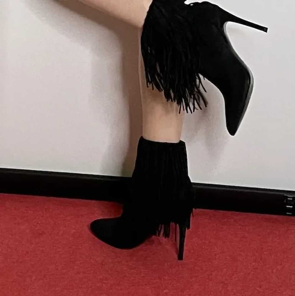 Fringed Black Suede Booties Heels Stiletto Seude … - image 2