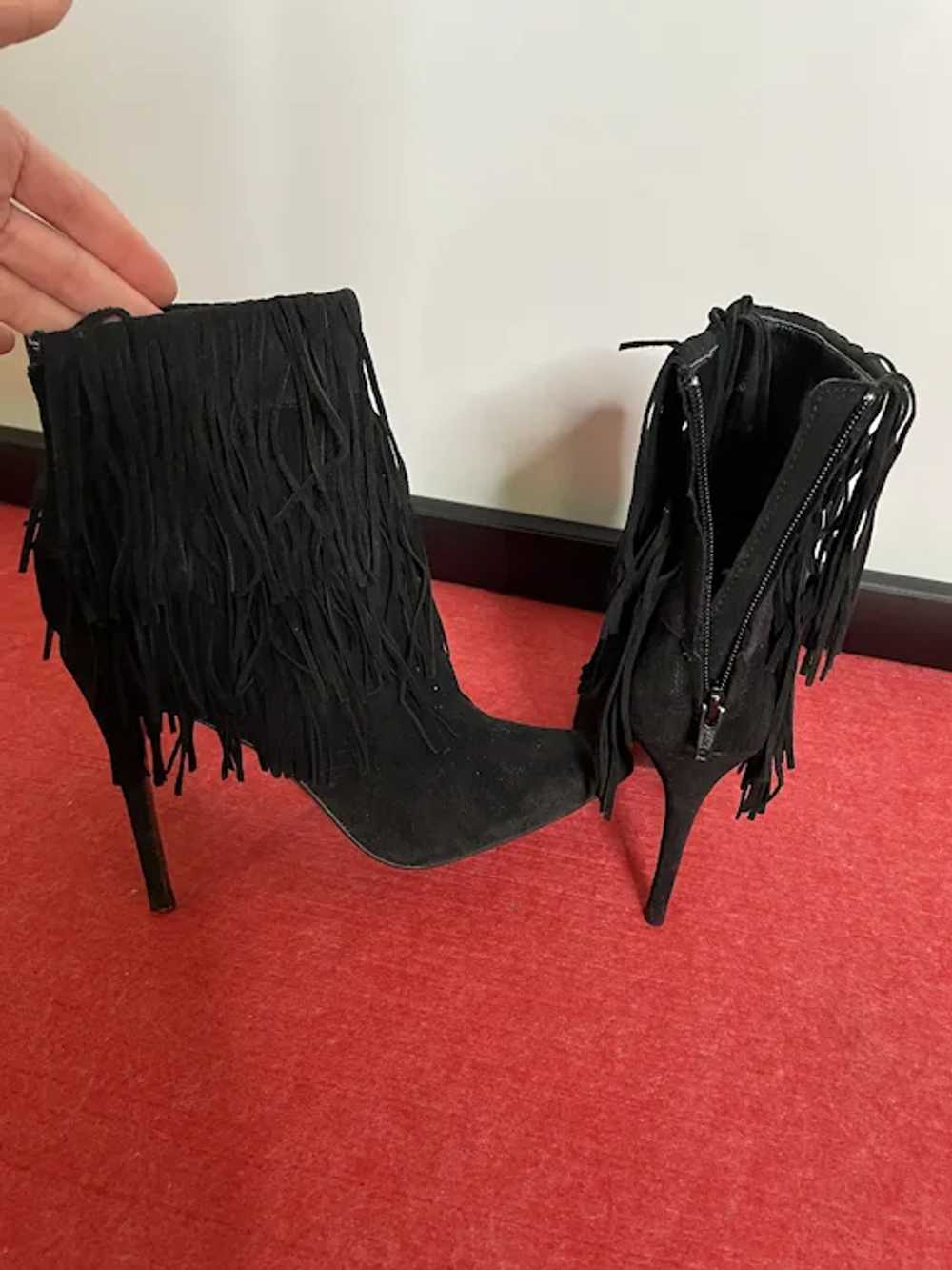 Fringed Black Suede Booties Heels Stiletto Seude … - image 4