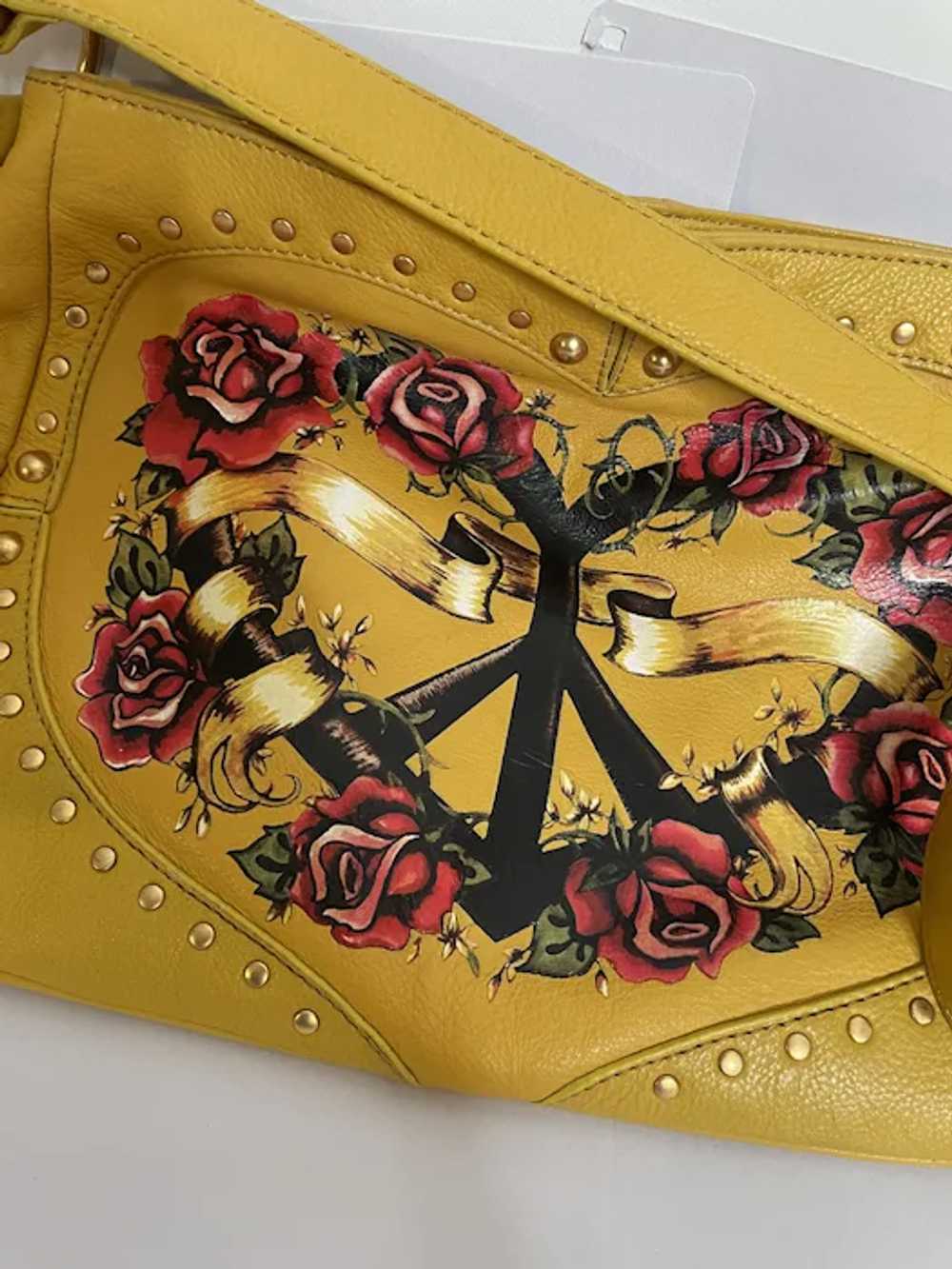 Peace Love Painted Yellow Leather Cross Body Bag … - image 10