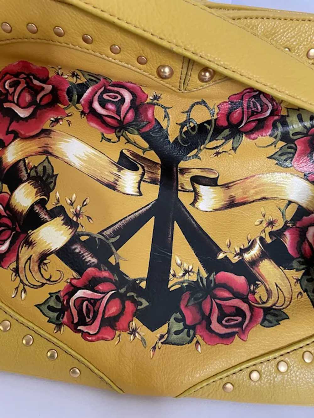 Peace Love Painted Yellow Leather Cross Body Bag … - image 11