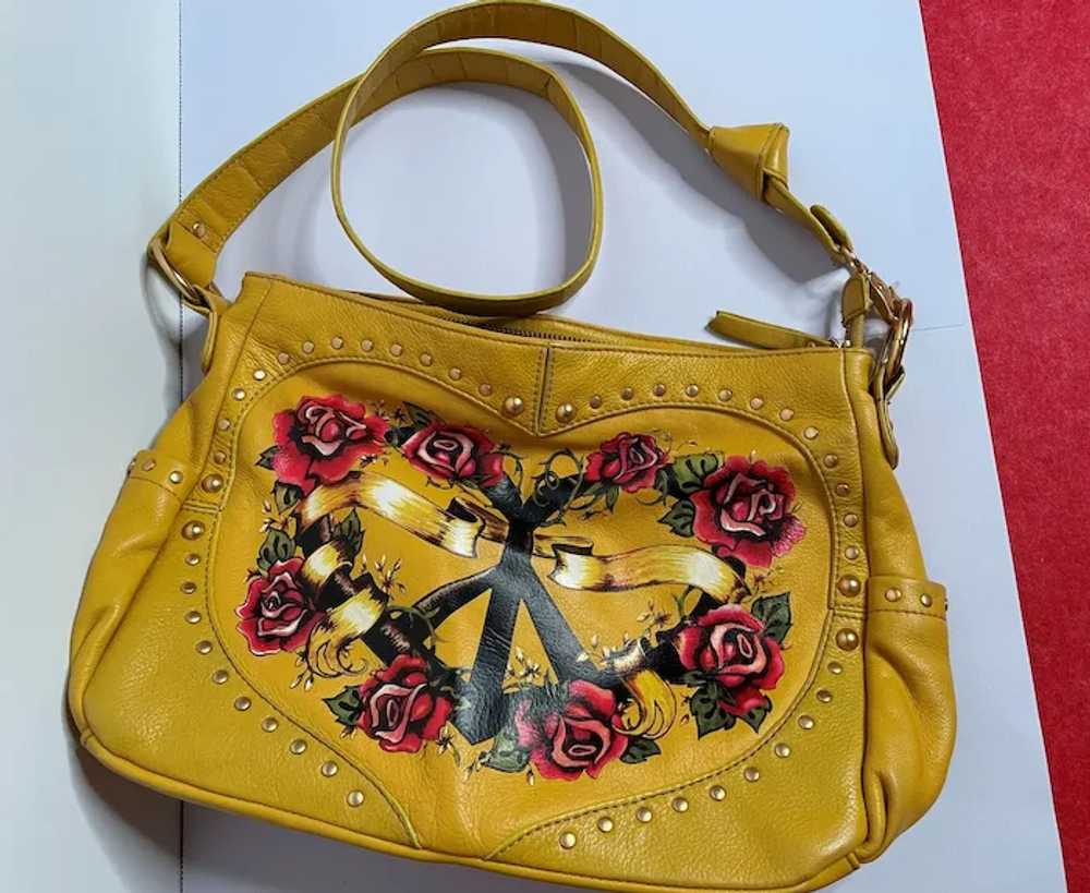 Peace Love Painted Yellow Leather Cross Body Bag … - image 12